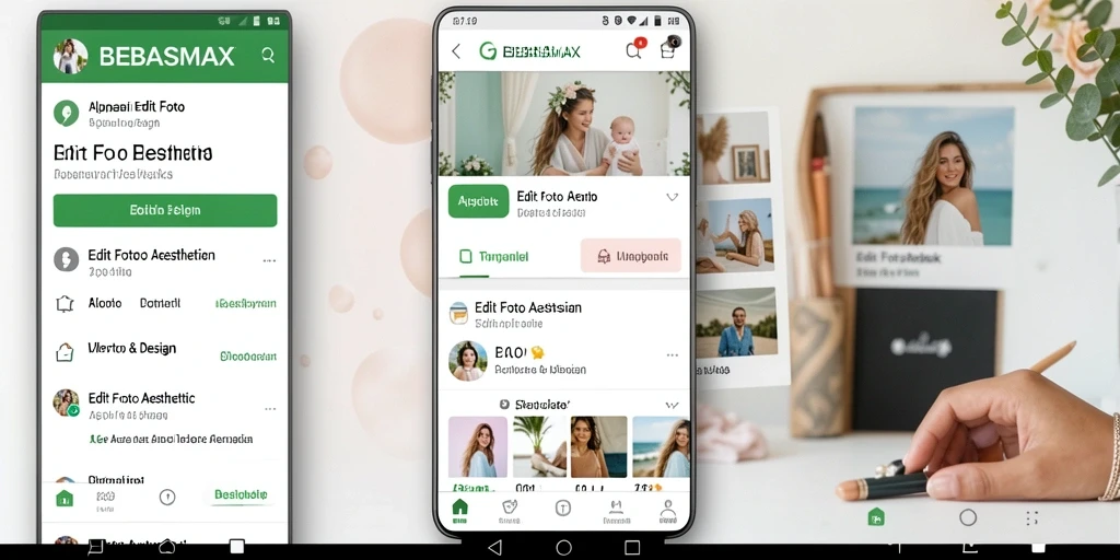Antarmuka BEBASMAX menampilkan fitur dan filter Edit Foto Aesthetic yang menarik.
