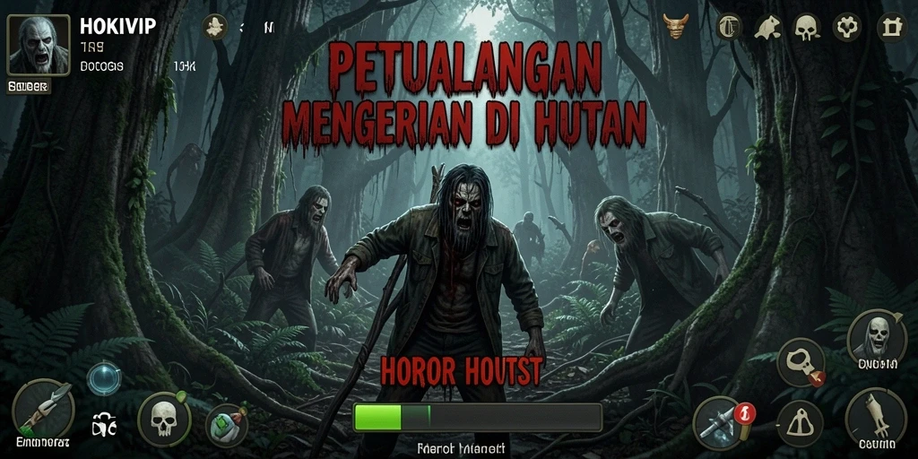 Antarmuka HOKIVIP yang menakutkan, menggambarkan suasana hutan yang mencekam.