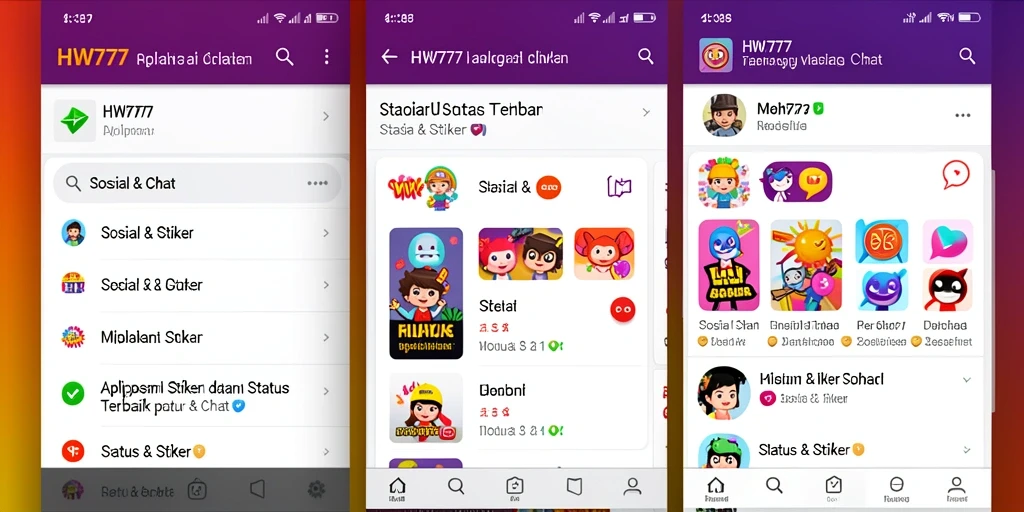Screenshot antarmuka HW777 yang menampilkan koleksi stiker menarik.