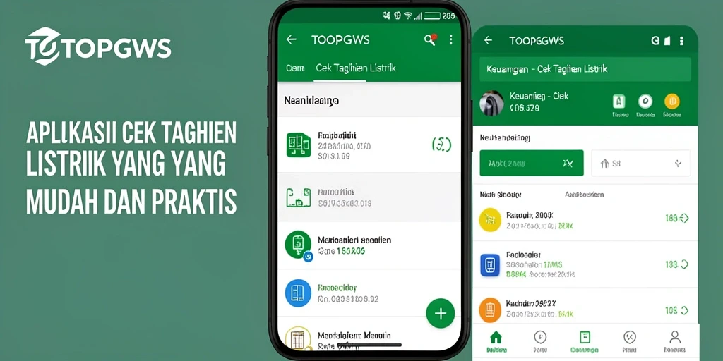 Antarmuka aplikasi TOOPGWS yang menampilkan fungsi Cek Tagihan Listrik.